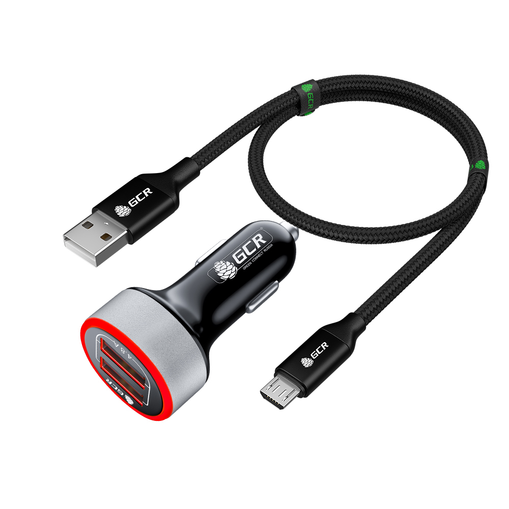 Комплект АЗУ на 2 USB порта 4.8А LED + кабель MicroUSB 3A QC 3.0 нейлон для быстрой зарядки