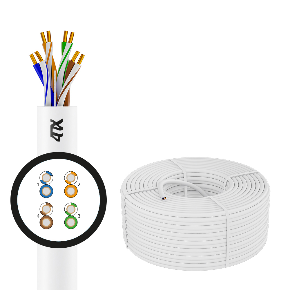4PH Кабель LAN витая пара - патч корд UTP 50м Cat.5e CCA 4х2х0,5 (24AWG) одножильный (Solid) белый, бухта