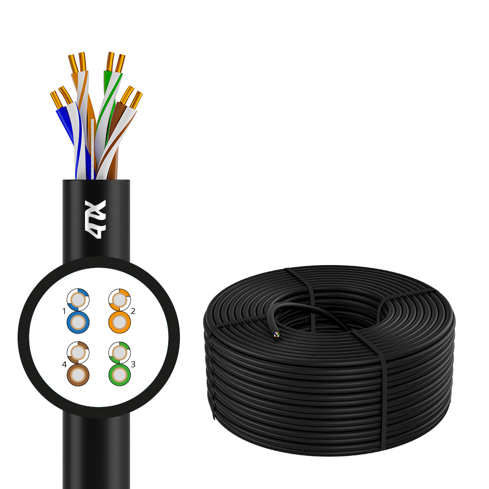 4PH Кабель LAN витая пара - патч корд UTP 50м Cat.5e CCA 4х2х0,5 (24AWG) одножильный (Solid) черный, бухта