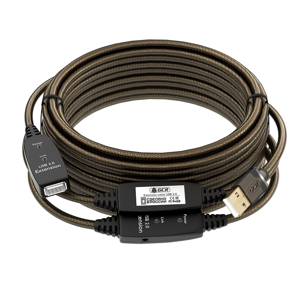 Активный удлинитель USB 2.0 AM / AF кабель с тремя усилителями сигнала + разъём для доп.питания, LED-индикаторы