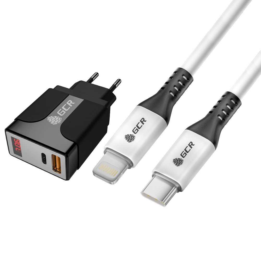 Комплект СЗУ на 2 USB порта TypeA и TypeC для быстрой зарядки, с дисплеем + кабель TypeC Lightning MFI PD 18W для зарядки iPhone 12 11 X 8
