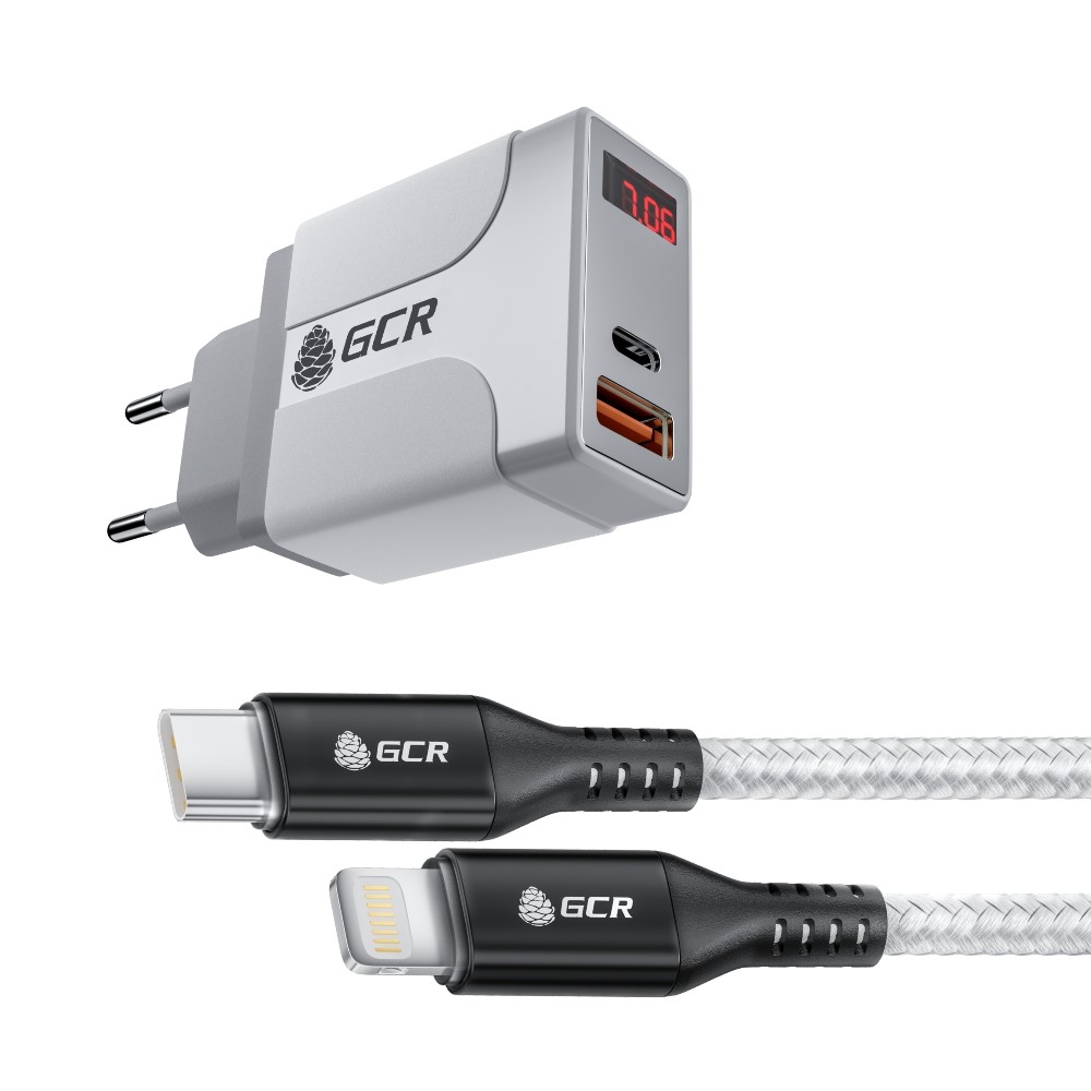Комплект СЗУ на 2 USB порта QC 3.0 PD 3.0 с дисплеем  + кабель TypeC Lightning для зарядки iPhone