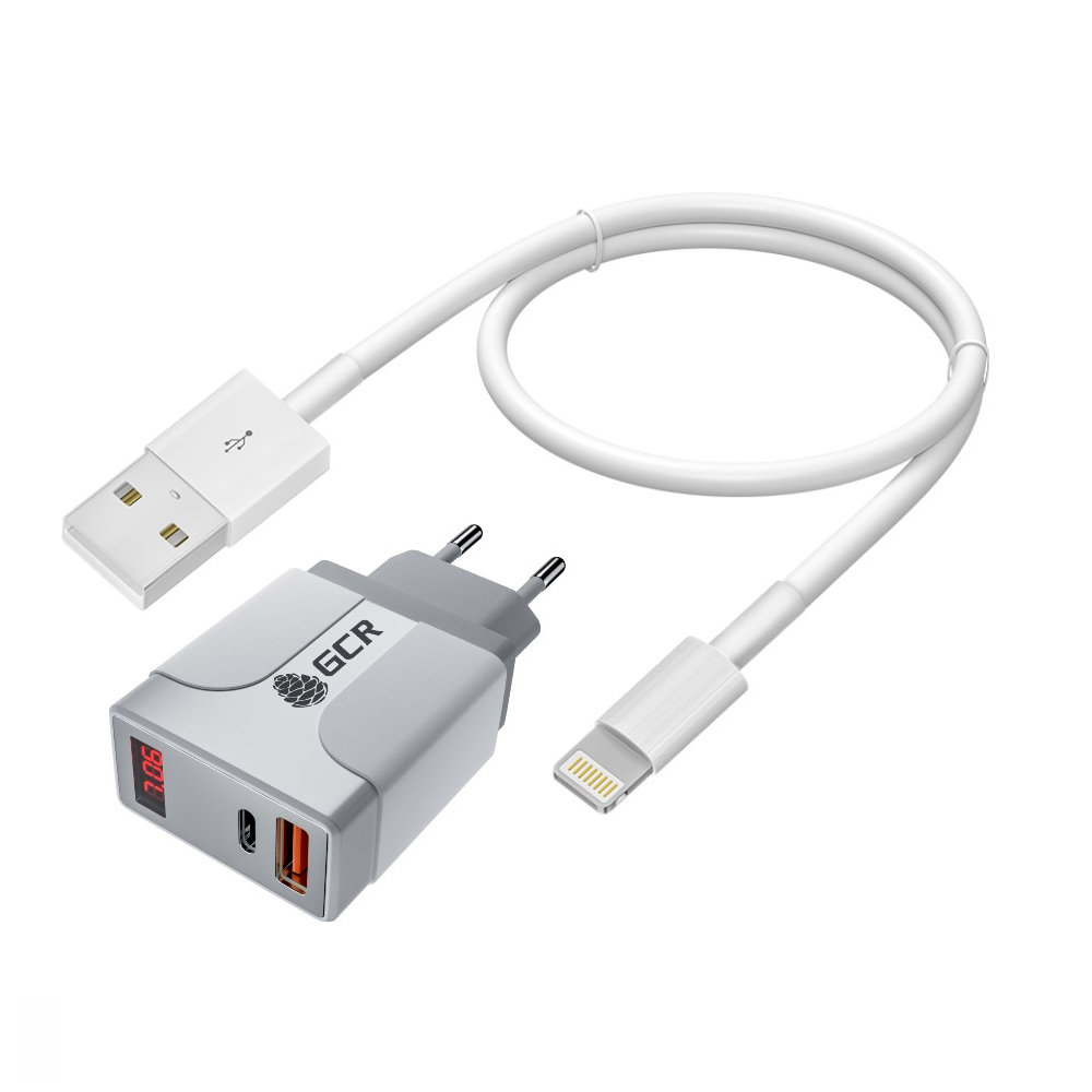 Комплект СЗУ на 2 USB порта QC 3.0 PD 3.0 с дисплеем  + кабель AM/Lightning для зарядки iPhone iPad Air MFRi