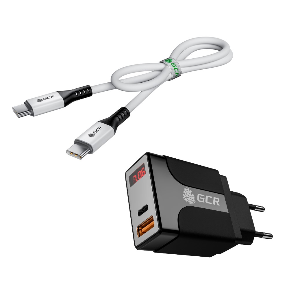 Комплект СЗУ на 2 USB порта TypeA и TypeC для быстрой зарядки, с дисплеем + кабель Type C-C 18W PD для зарядки Apple MacBook