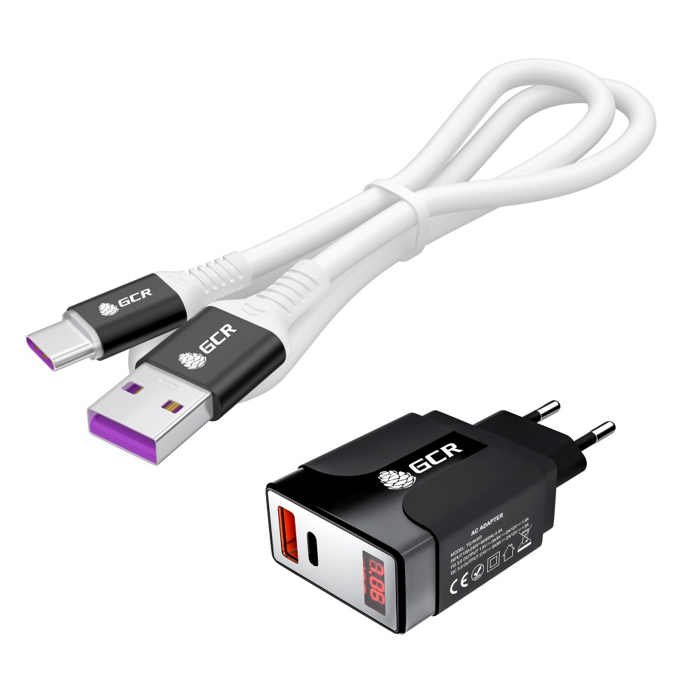Комплект СЗУ на 2 USB порта TypeA и TypeC для быстрой зарядки, с дисплеем + кабель Type C PD для зарядки Apple MacBook Air Huawei Xiaomi
