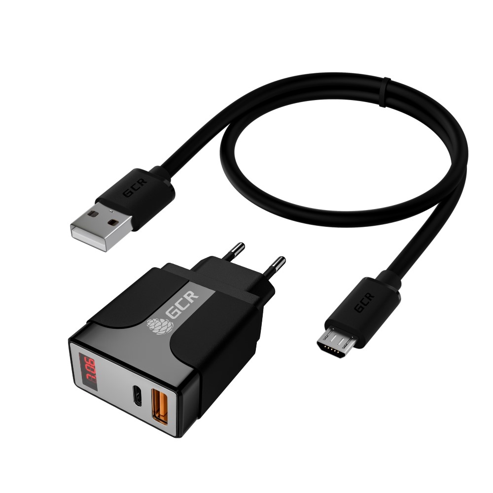Комплект СЗУ на 2 USB порта QC 3.0 PD 3.0 с дисплеем + кабель MicroUSB для быстрой зарядки смартфонов QC 3.0
