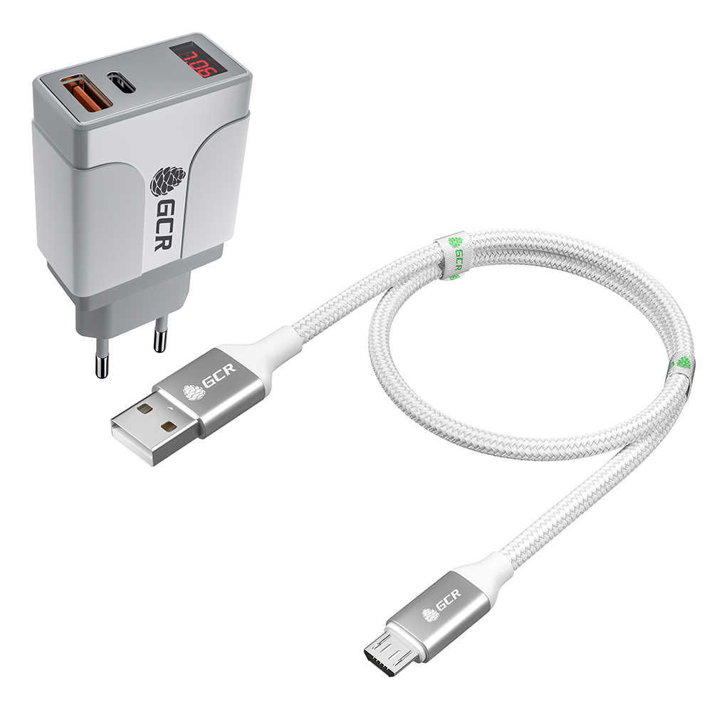 Комплект СЗУ на 2 USB порта QC 3.0 PD 3.0 с дисплеем  + кабель MicroUSB для быстрой зарядки смартфонов QC 3.0