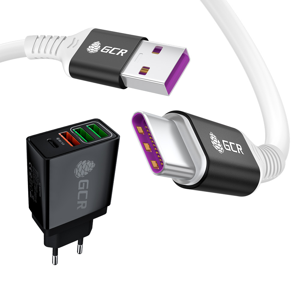 Комплект сетевое зарядное устройство на 4 USB порта (2 х 2A + QC 3.0 + PD 18W) + кабель USB - Type-C для быстрой зарядки