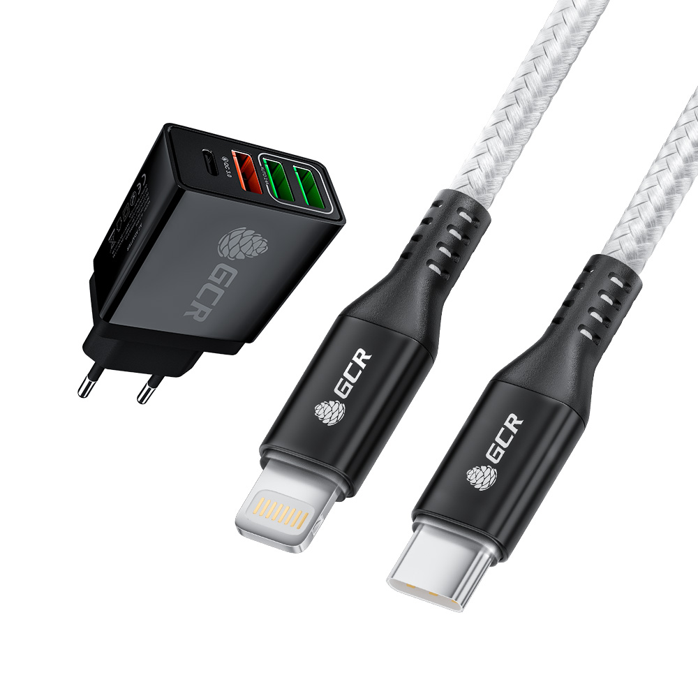 Комплект сетевое зарядное устройство на 4 USB порта (2 х 2A + QC 3.0 + PD 18W) + кабель Lightning PD