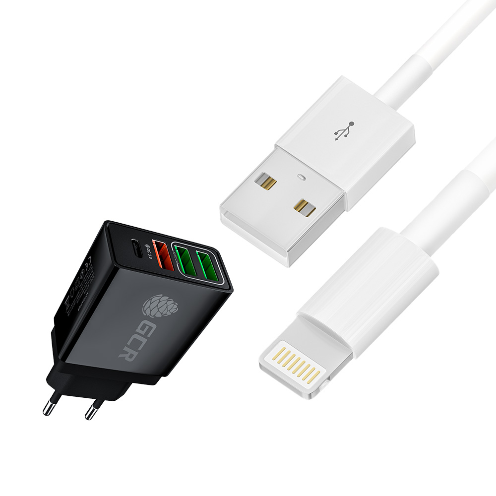 Комплект сетевое зарядное устройство на 4 USB порта (2 х 2A + QC 3.0 + PD 18W) + кабель Lightning