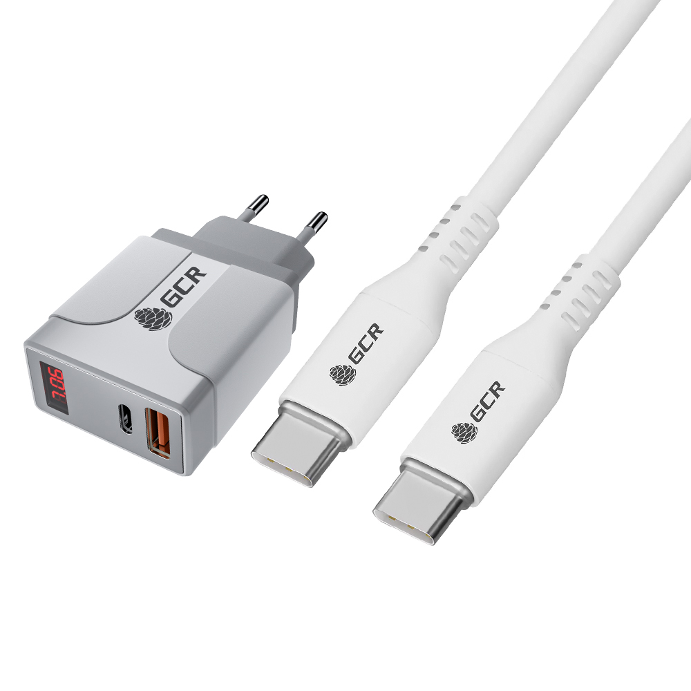Комплект СЗУ на 2 USB порта TypeA и TypeC для быстрой зарядки, с дисплеем + кабель Type C-C 18W PD для зарядки Apple MacBook Air Huawei Xiaomi