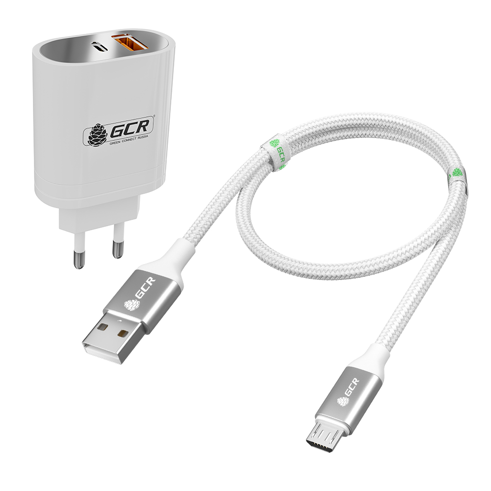 Комплект от GCR СЗУ на 2 USB порта TypeA и TypeC для быстрой зарядки QC 3.0 PD 18W + кабель MicroUSB нейлон QC 3.0