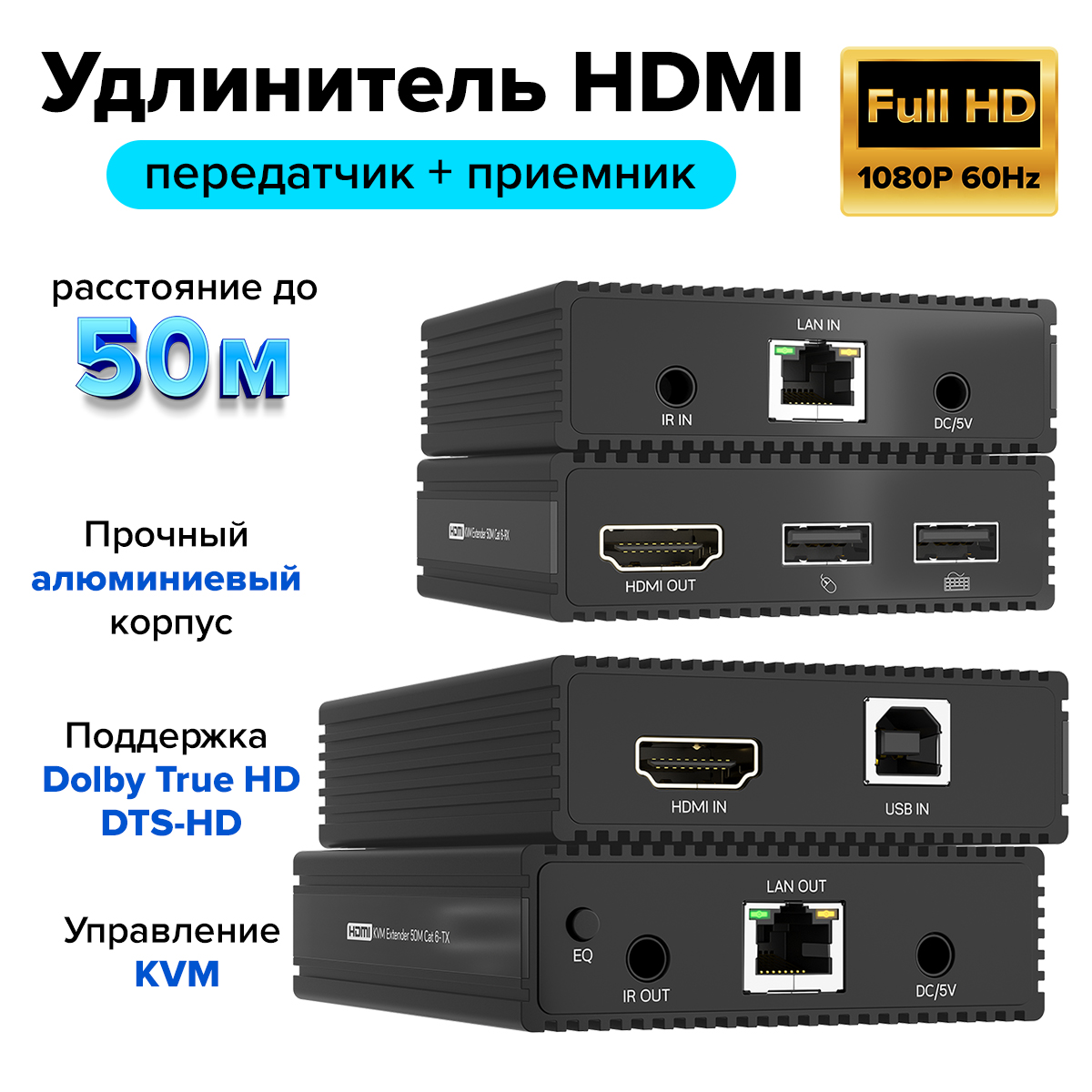 Удлинитель HDMI KVM по витой паре до 50м 1080P передатчик + приемник ИК-управление